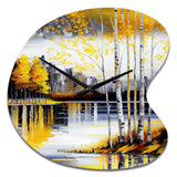 Grey And Yellow Birch Trees By The Lake I - Asymmetric Metal Wall Clock