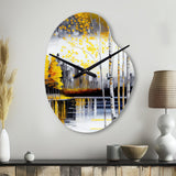 Grey And Yellow Birch Trees By The Lake I - Asymmetric Metal Wall Clock
