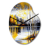 Grey And Yellow Birch Trees By The Lake I - Asymmetric Metal Wall Clock
