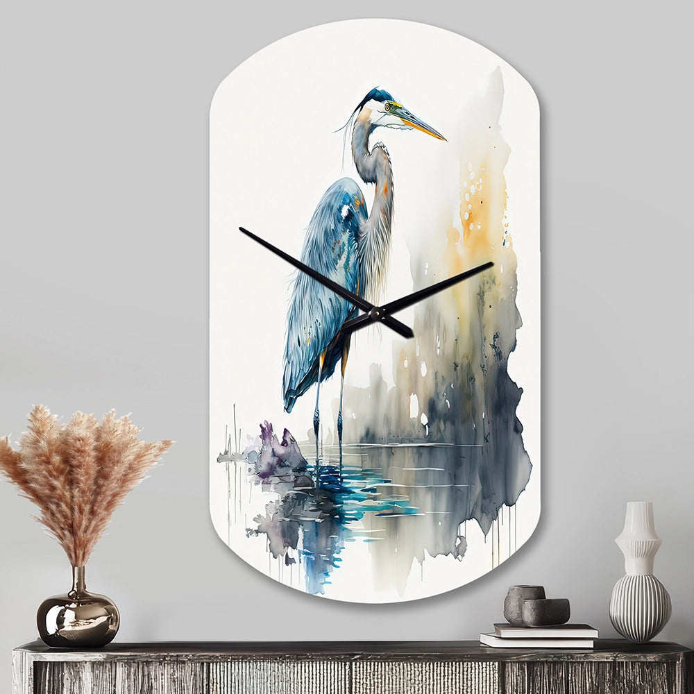 Cute Heron In A Lake Floral Art III - Asymmetric Metal Wall Clock