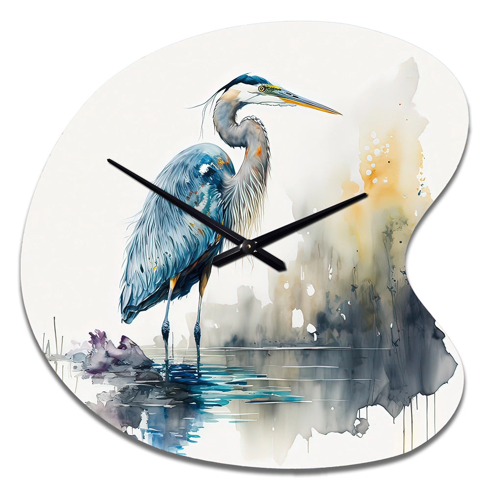 Cute Heron In A Lake Floral Art III - Asymmetric Metal Wall Clock
