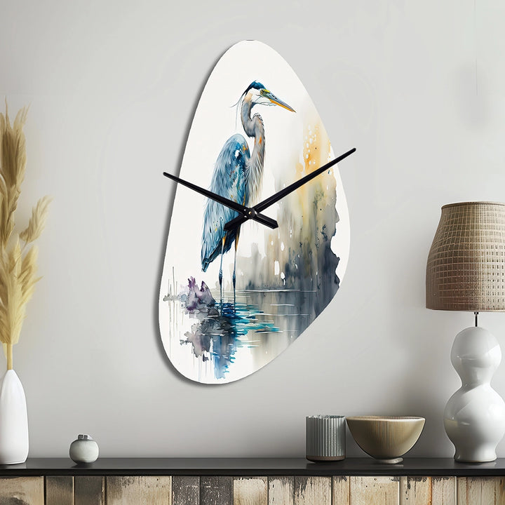 Cute Heron In A Lake Floral Art III - Asymmetric Metal Wall Clock