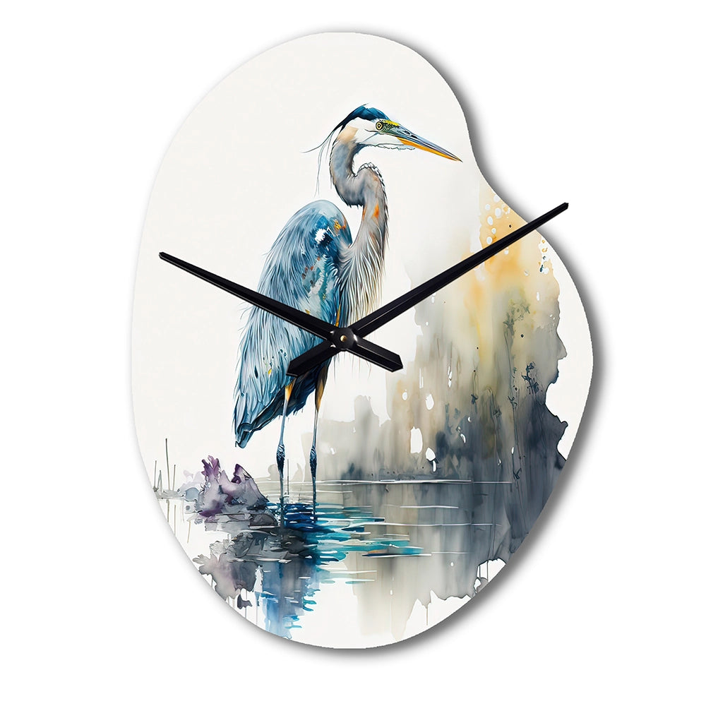 Cute Heron In A Lake Floral Art III - Asymmetric Metal Wall Clock
