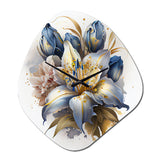 Gold And Blue Lily Bouquet III - Asymmetric Metal Wall Clock