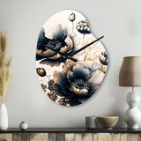 Navy Blue And Gold Poppy Flowers I - Asymmetric Metal Wall Clock