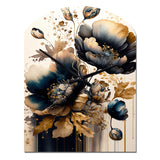 Navy Blue And Gold Poppy Flowers IV - Asymmetric Metal Wall Clock