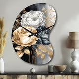 White, Gold And Black Rose Bouquet I - Asymmetric Metal Wall Clock