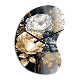 White, Gold And Black Rose Bouquet I - Asymmetric Metal Wall Clock