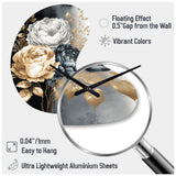 White, Gold And Black Rose Bouquet I - Asymmetric Metal Wall Clock