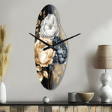 White, Gold And Black Rose Bouquet I - Asymmetric Metal Wall Clock