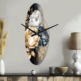White, Gold And Black Rose Bouquet I - Asymmetric Metal Wall Clock