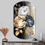 White, Gold And Black Rose Bouquet I - Asymmetric Metal Wall Clock