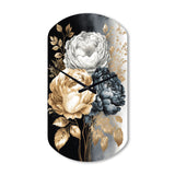 White, Gold And Black Rose Bouquet I - Asymmetric Metal Wall Clock