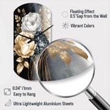 White, Gold And Black Rose Bouquet I - Asymmetric Metal Wall Clock
