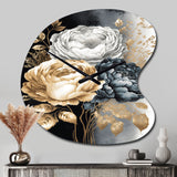 White, Gold And Black Rose Bouquet I - Asymmetric Metal Wall Clock