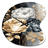 White, Gold And Black Rose Bouquet I - Asymmetric Metal Wall Clock