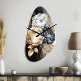 White, Gold And Black Rose Bouquet I - Asymmetric Metal Wall Clock