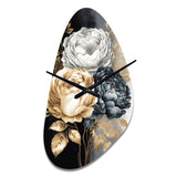 White, Gold And Black Rose Bouquet I - Asymmetric Metal Wall Clock