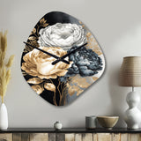 White, Gold And Black Rose Bouquet I - Asymmetric Metal Wall Clock
