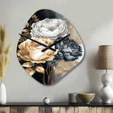 White, Gold And Black Rose Bouquet I - Asymmetric Metal Wall Clock