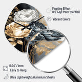 White, Gold And Black Rose Bouquet I - Asymmetric Metal Wall Clock