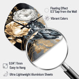 White, Gold And Black Rose Bouquet I - Asymmetric Metal Wall Clock