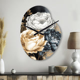 White, Gold And Black Rose Bouquet I - Asymmetric Metal Wall Clock