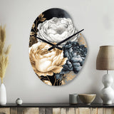 White, Gold And Black Rose Bouquet I - Asymmetric Metal Wall Clock
