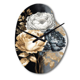 White, Gold And Black Rose Bouquet I - Asymmetric Metal Wall Clock