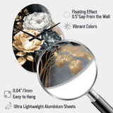White, Gold And Black Rose Bouquet I - Asymmetric Metal Wall Clock