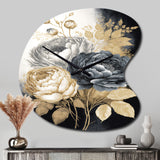 White, Gold And Black Rose Bouquet II - Asymmetric Metal Wall Clock