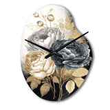 White, Gold And Black Rose Bouquet II - Asymmetric Metal Wall Clock