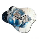 Ice Blue And Gold Paint Drip Tulip I - Asymmetric Metal Wall Clock