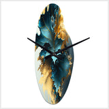 Abstract Blue And Gold Leaves II - Asymmetric Metal Wall Clock