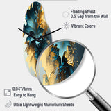 Abstract Blue And Gold Leaves II - Asymmetric Metal Wall Clock