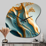 Abstract Blue And Gold Leaves III - Asymmetric Metal Wall Clock
