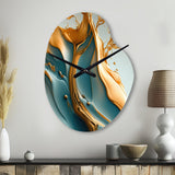 Abstract Blue And Gold Leaves III - Asymmetric Metal Wall Clock