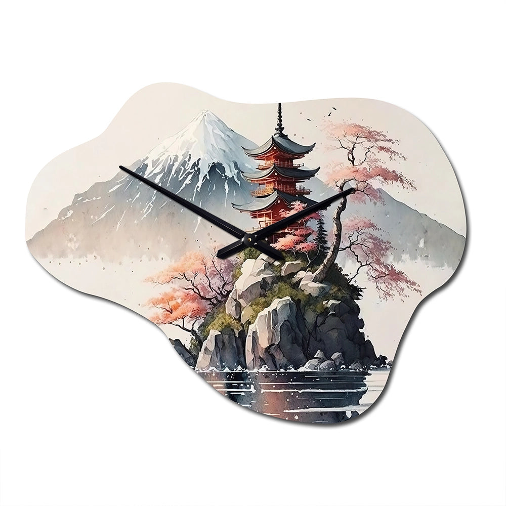 Japanese Landscape In Watercolor I - Asymmetric Metal Wall Clock