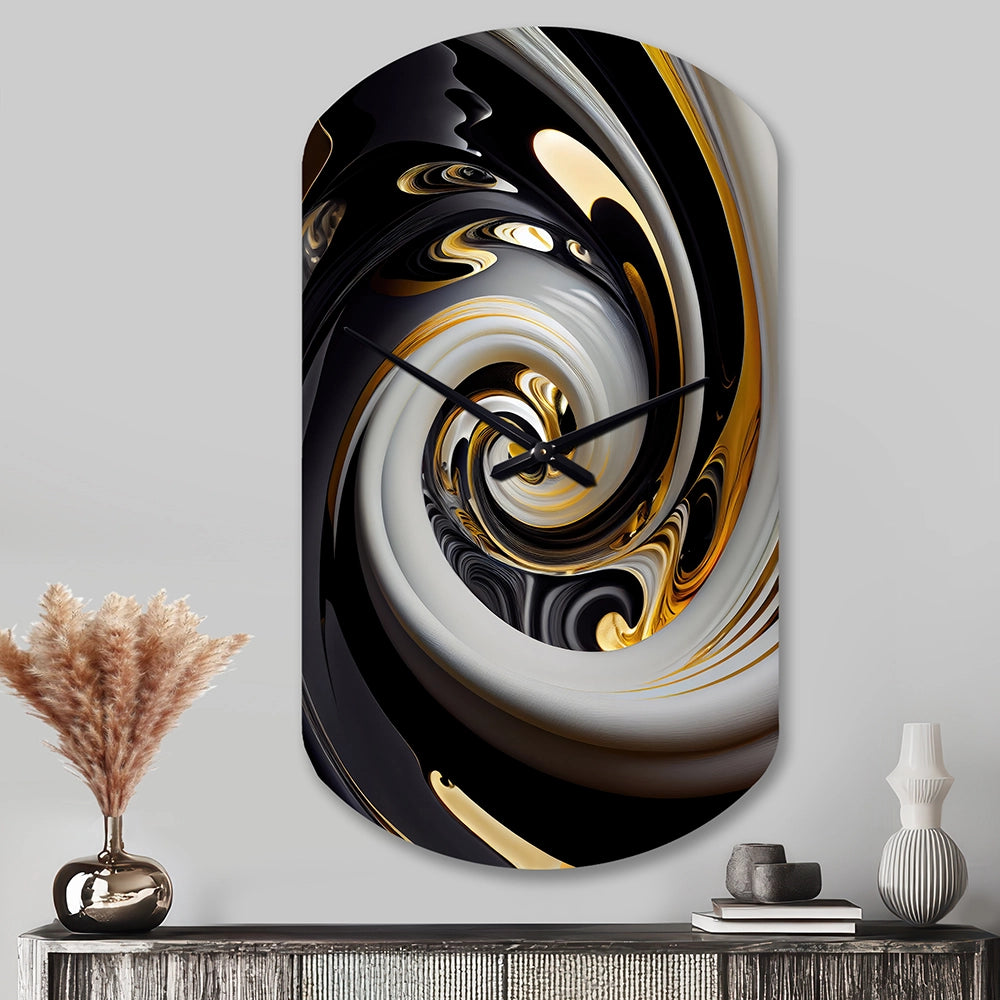 Gold And Black Stained Glass Spiral III - Asymmetric Metal Wall Clock