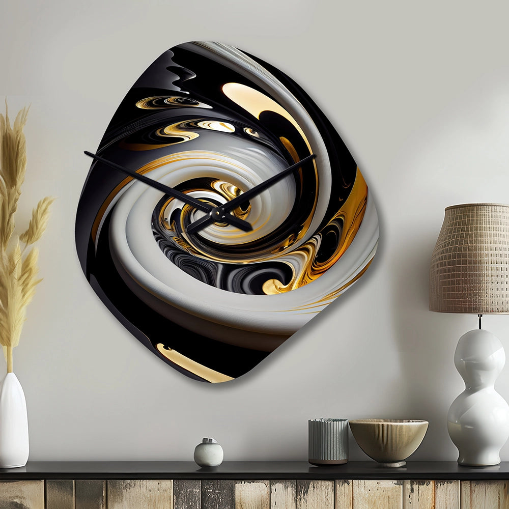 Gold And Black Stained Glass Spiral III - Asymmetric Metal Wall Clock