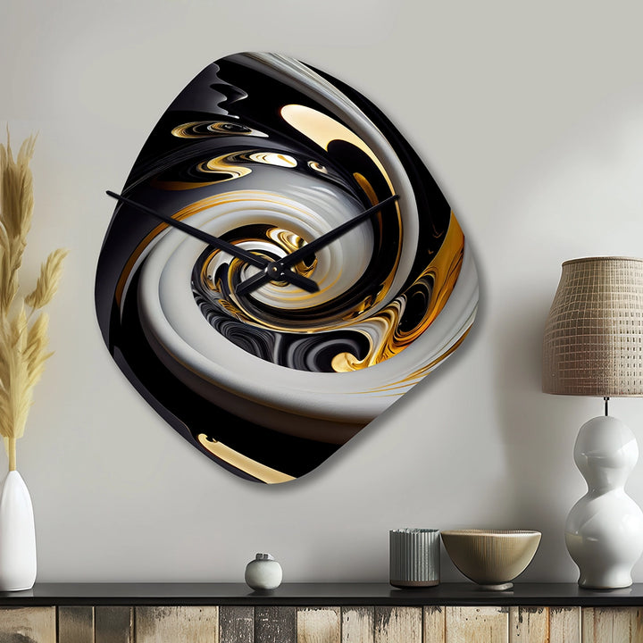 Gold And Black Stained Glass Spiral III - Asymmetric Metal Wall Clock