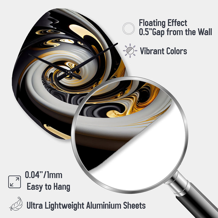 Gold And Black Stained Glass Spiral III - Asymmetric Metal Wall Clock