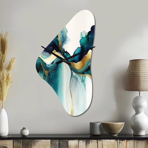 Teal And Gold Abstract Expression I - Asymmetric Metal Wall Clock