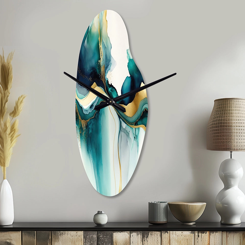 Teal And Gold Abstract Expression I - Asymmetric Metal Wall Clock