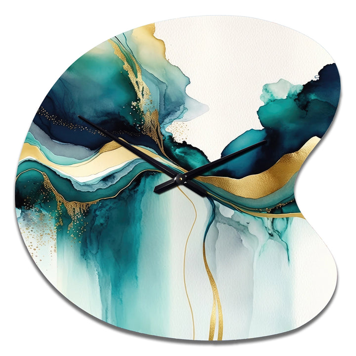 Teal And Gold Abstract Expression I - Asymmetric Metal Wall Clock