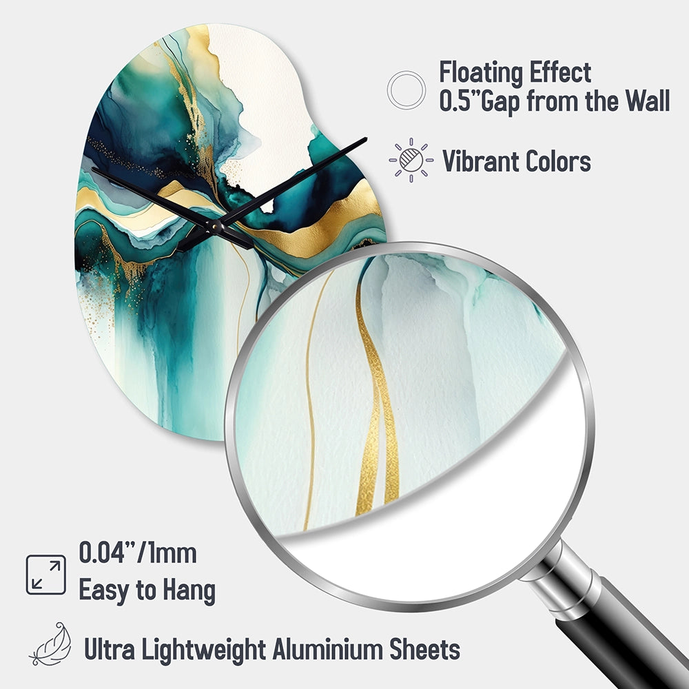 Teal And Gold Abstract Expression I - Asymmetric Metal Wall Clock