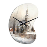 Church In Country During Winter IV - Asymmetric Metal Wall Clock