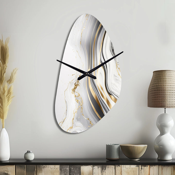 Abstract Geode Marble Waves Grey III - Asymmetric Metal Wall Clock