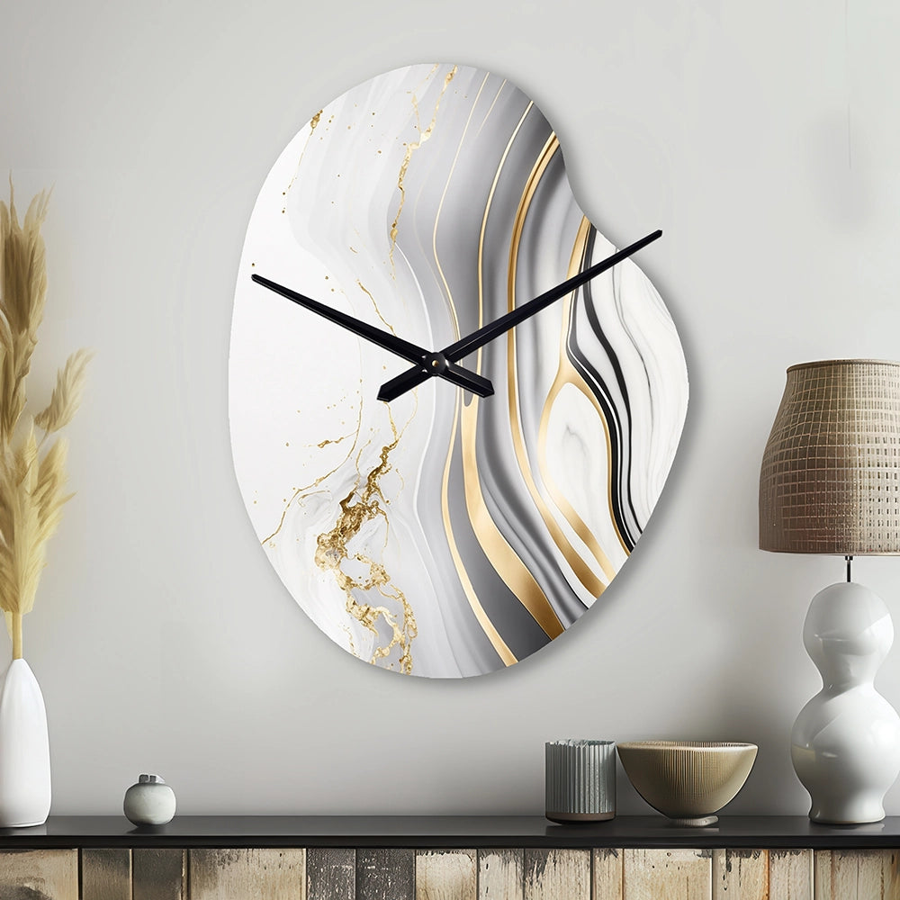Abstract Geode Marble Waves Grey III - Asymmetric Metal Wall Clock