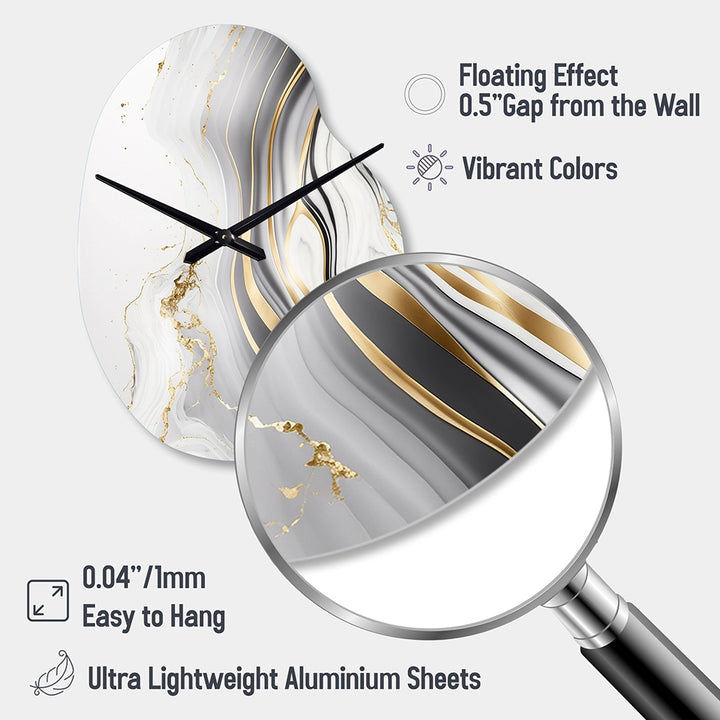 Abstract Geode Marble Waves Grey III - Asymmetric Metal Wall Clock
